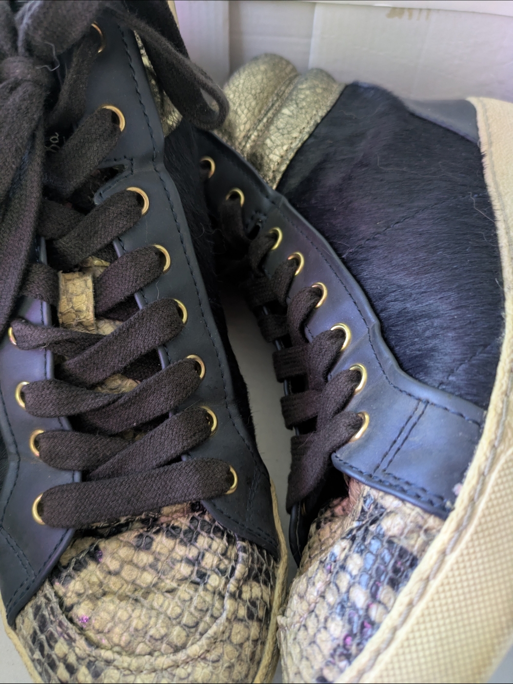 Textured Mixed-Material High-Top Sneakers in Navy & Gold
